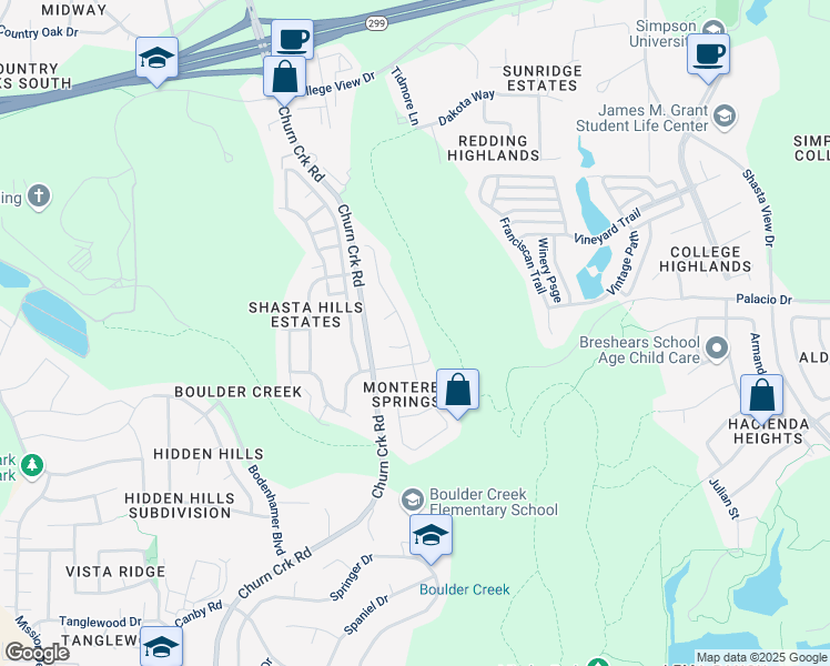 map of restaurants, bars, coffee shops, grocery stores, and more near 626 Olympic Street in Redding