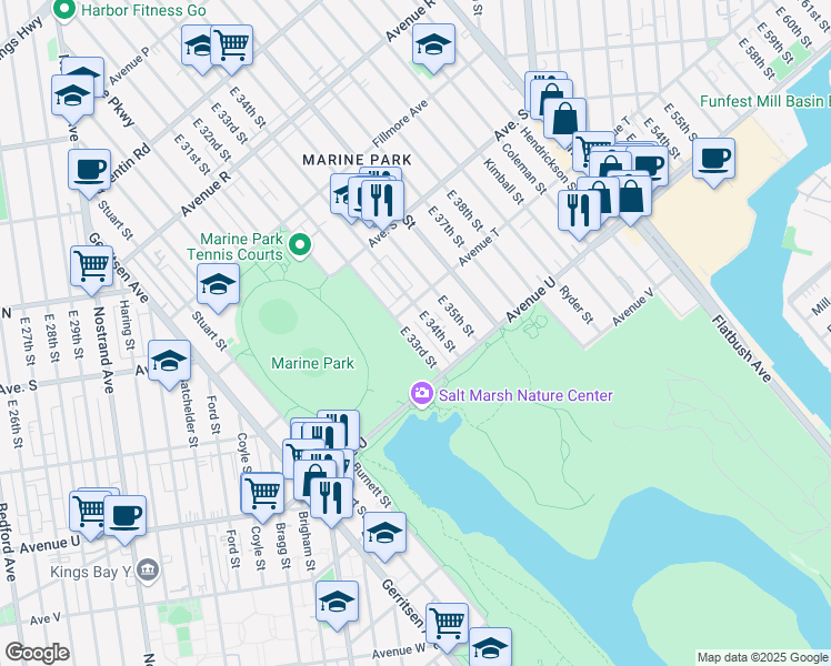 map of restaurants, bars, coffee shops, grocery stores, and more near 2130 East 34th Street in Brooklyn