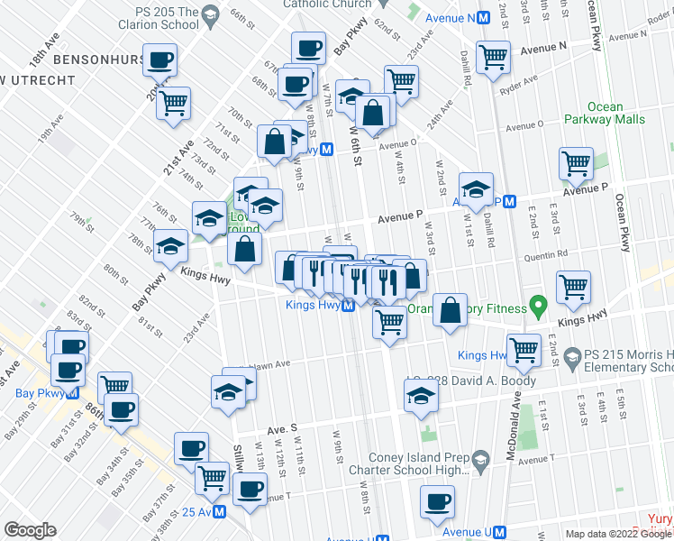 map of restaurants, bars, coffee shops, grocery stores, and more near 1654 West 8th Street in Brooklyn