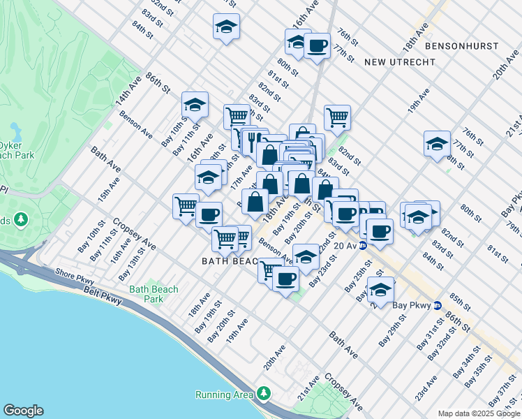 map of restaurants, bars, coffee shops, grocery stores, and more near 8648 18th Avenue in Brooklyn