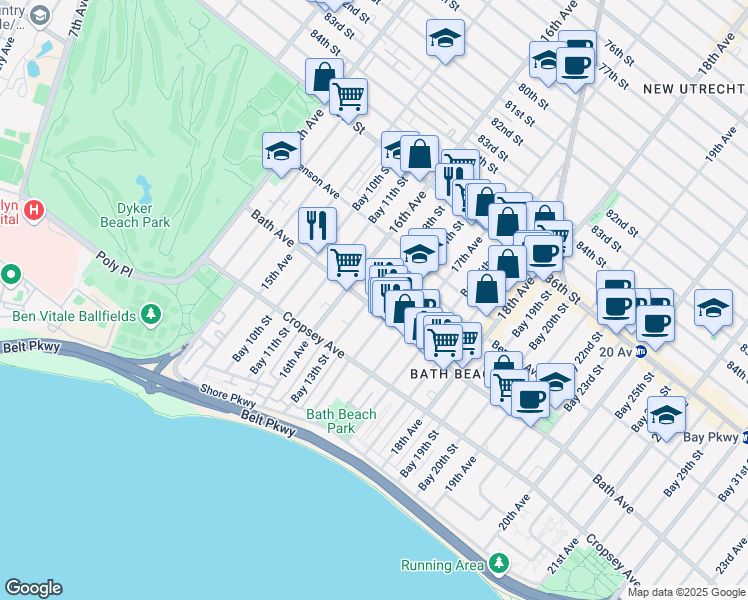 map of restaurants, bars, coffee shops, grocery stores, and more near 162 Bay 13th Street in Brooklyn