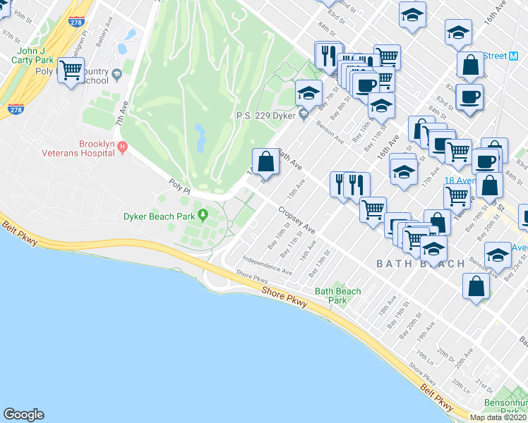 map of restaurants, bars, coffee shops, grocery stores, and more near 1425 Cropsey Avenue in Brooklyn