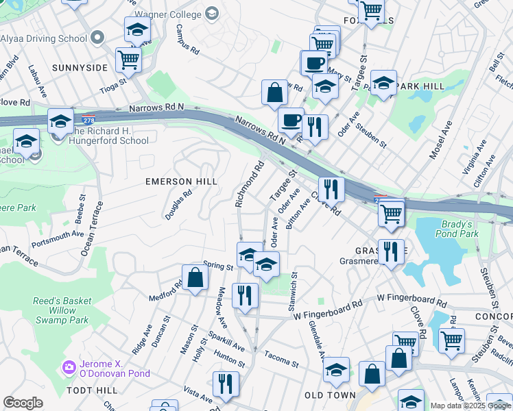 map of restaurants, bars, coffee shops, grocery stores, and more near 896 Targee Street in Staten Island