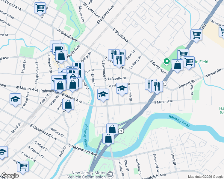 map of restaurants, bars, coffee shops, grocery stores, and more near 359 Washington Street in Rahway