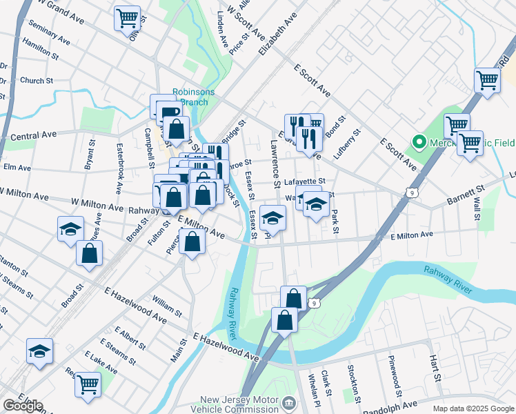 map of restaurants, bars, coffee shops, grocery stores, and more near 245 Washington Street in Rahway