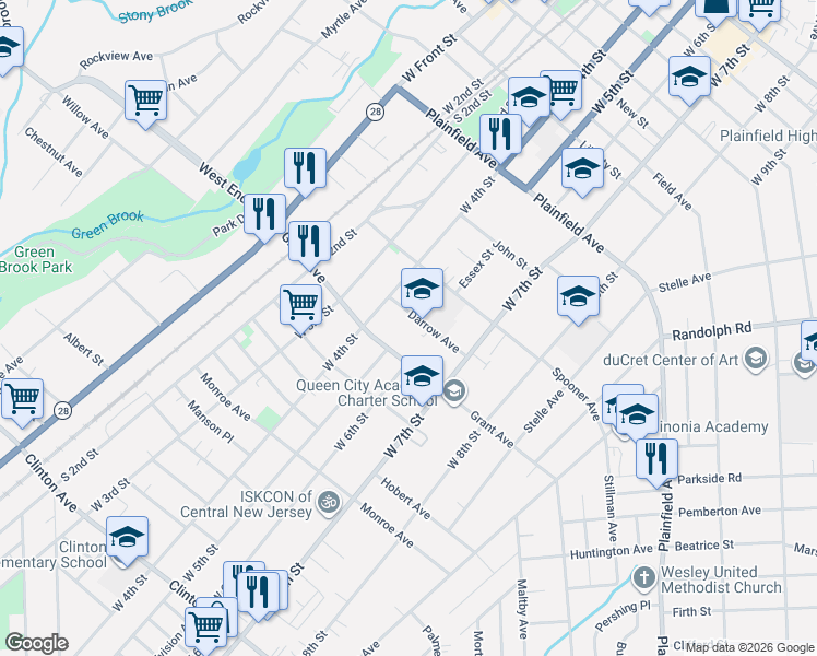 map of restaurants, bars, coffee shops, grocery stores, and more near 414-16 Darrow Avenue in Plainfield