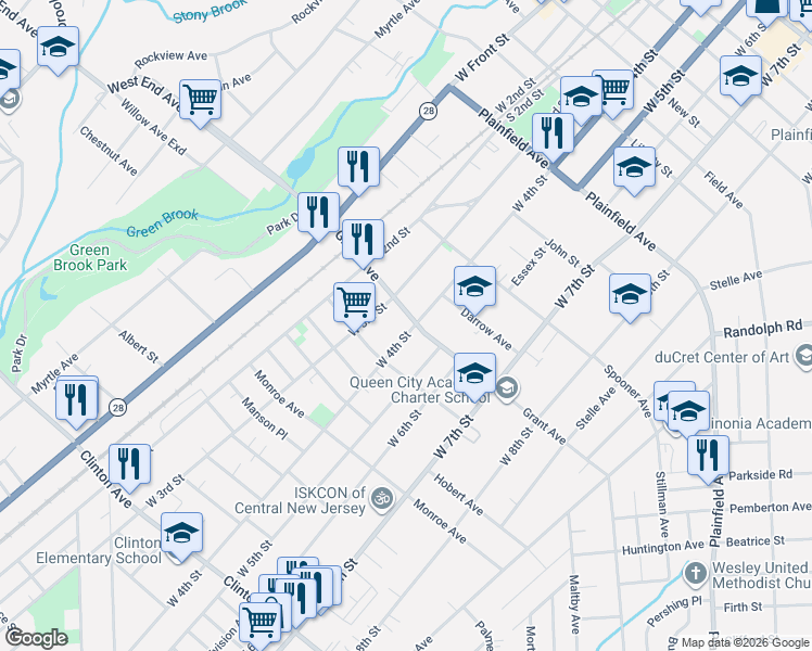 map of restaurants, bars, coffee shops, grocery stores, and more near 324 Grant Avenue in Plainfield
