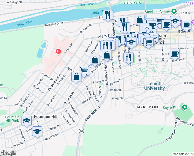map of restaurants, bars, coffee shops, grocery stores, and more near 539 Jischke Street in Bethlehem