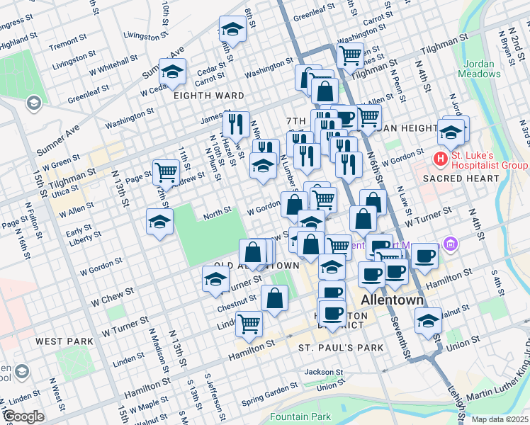 map of restaurants, bars, coffee shops, grocery stores, and more near 916 West Gordon Street in Allentown