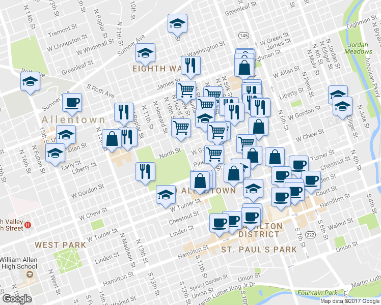 map of restaurants, bars, coffee shops, grocery stores, and more near 951 West Gordon Street in Allentown
