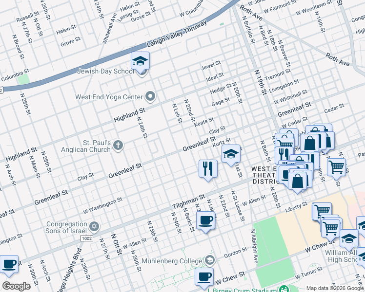 map of restaurants, bars, coffee shops, grocery stores, and more near 2225 Greenleaf Street in Allentown