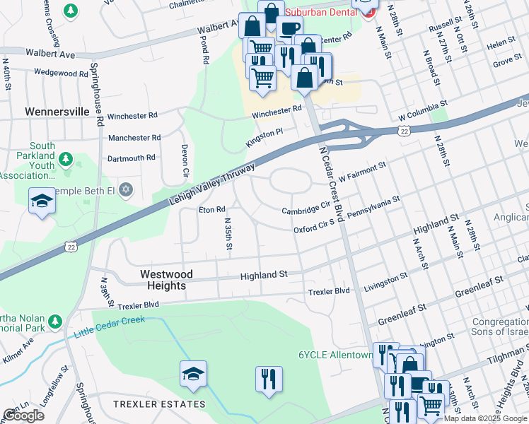 map of restaurants, bars, coffee shops, grocery stores, and more near 3404 Cambridge Circle in Allentown