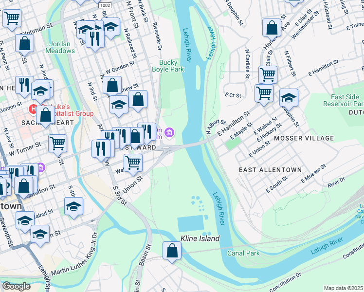 map of restaurants, bars, coffee shops, grocery stores, and more near 620 Hamilton Street in Allentown