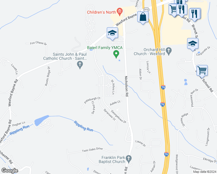 map of restaurants, bars, coffee shops, grocery stores, and more near Rutgers Lane in Sewickley