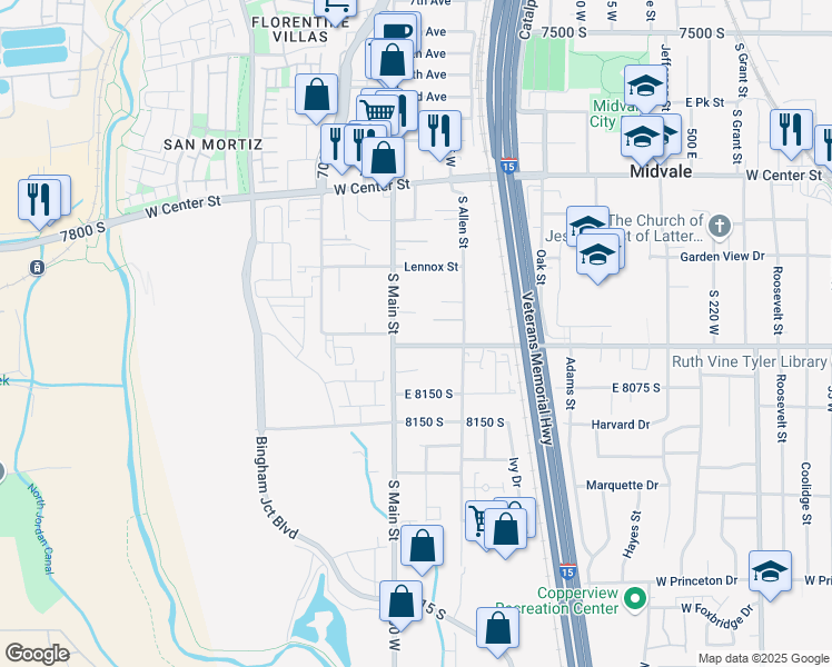 map of restaurants, bars, coffee shops, grocery stores, and more near 639 West Allen Cove in Midvale