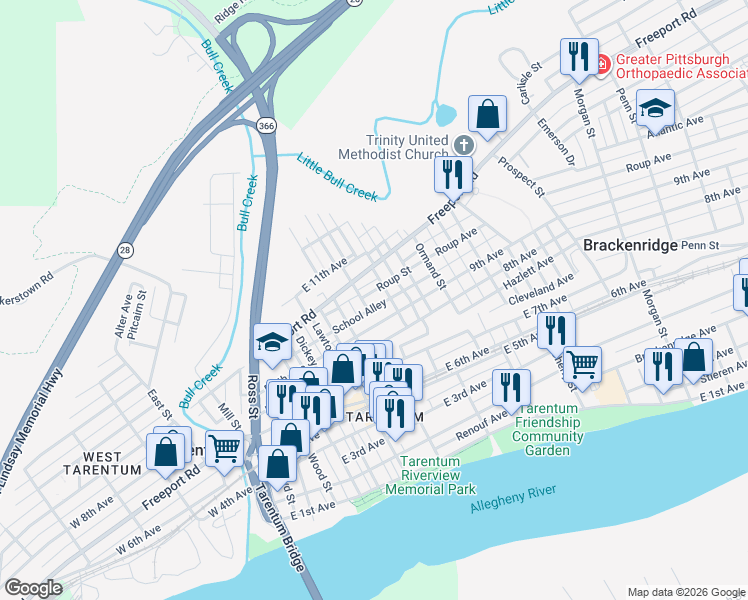 map of restaurants, bars, coffee shops, grocery stores, and more near 526 Roup Street in Tarentum