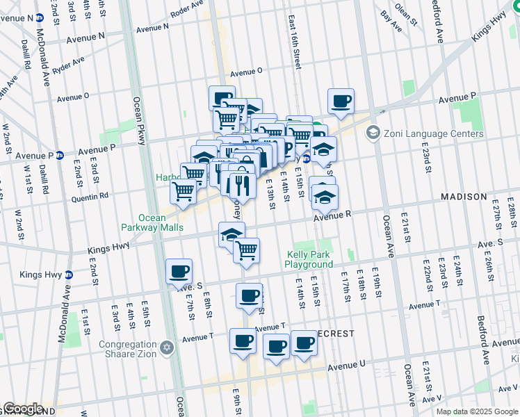 map of restaurants, bars, coffee shops, grocery stores, and more near 1769 East 12th Street in Brooklyn