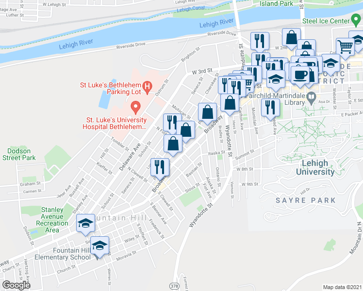 map of restaurants, bars, coffee shops, grocery stores, and more near 508 Fiot Street in Bethlehem