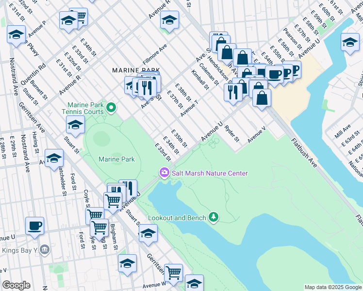 map of restaurants, bars, coffee shops, grocery stores, and more near 2164 East 35th Street in Brooklyn