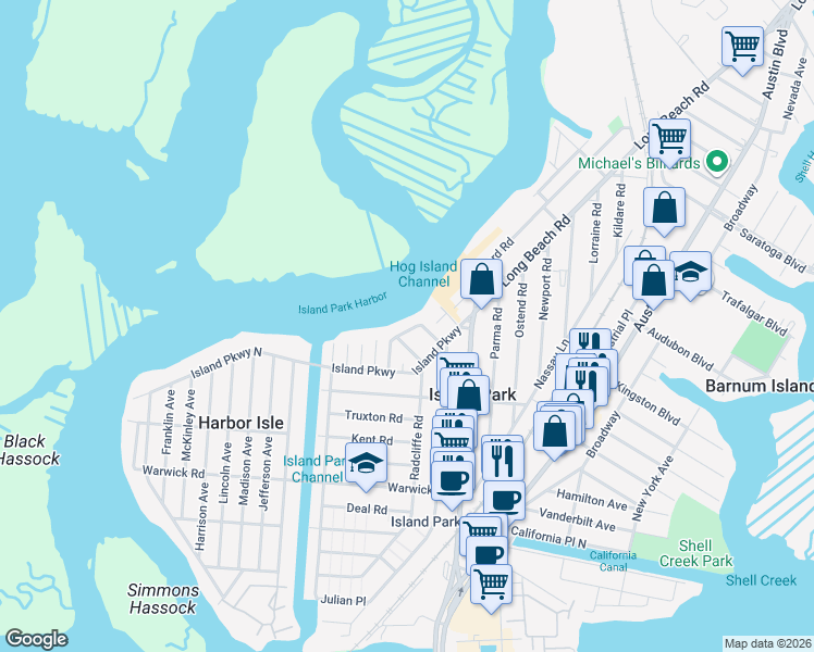 map of restaurants, bars, coffee shops, grocery stores, and more near 42 Roosevelt Place in Island Park