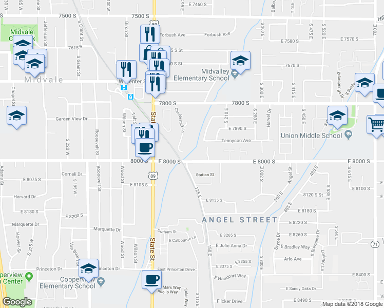 map of restaurants, bars, coffee shops, grocery stores, and more near 113 East 8000 South in Sandy