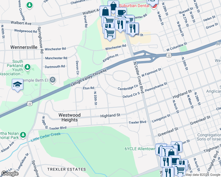 map of restaurants, bars, coffee shops, grocery stores, and more near 3404 Cambridge Circle in Allentown