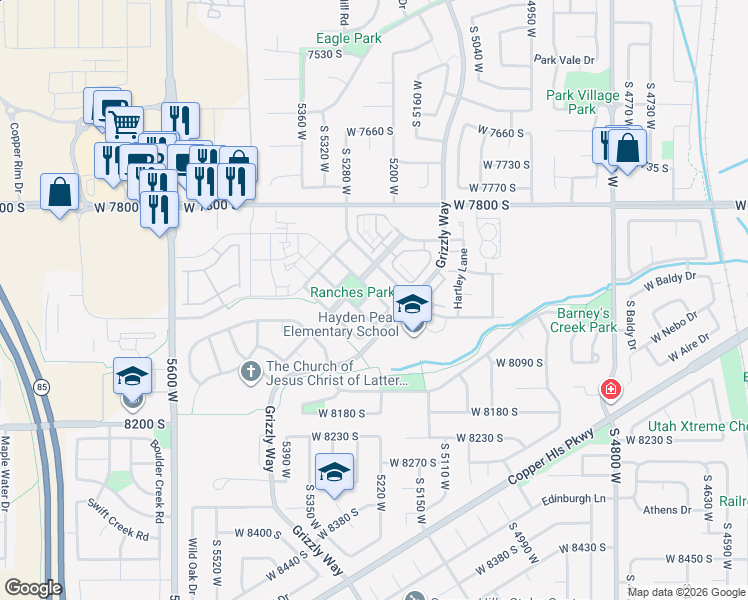 map of restaurants, bars, coffee shops, grocery stores, and more near 7963 Ranchhouse Road in West Jordan