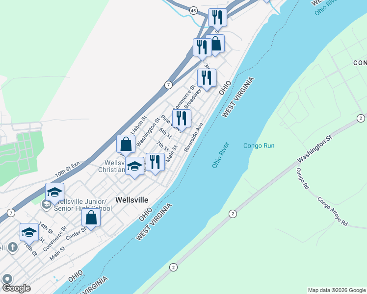 map of restaurants, bars, coffee shops, grocery stores, and more near 102 6th Street in Wellsville