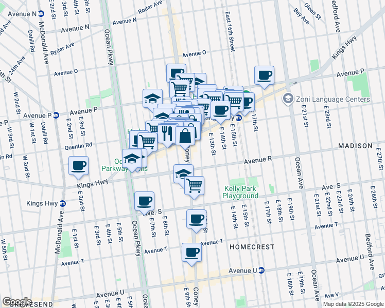 map of restaurants, bars, coffee shops, grocery stores, and more near 2084 Coney Island Avenue in Brooklyn