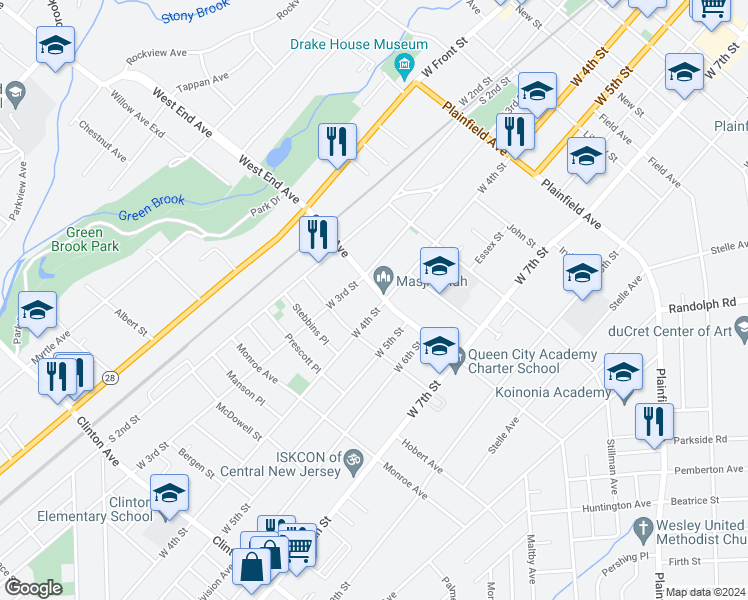 map of restaurants, bars, coffee shops, grocery stores, and more near 324 Grant Avenue in Plainfield
