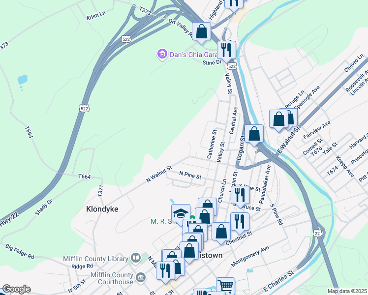 map of restaurants, bars, coffee shops, grocery stores, and more near 35 Walnut View Drive in Lewistown