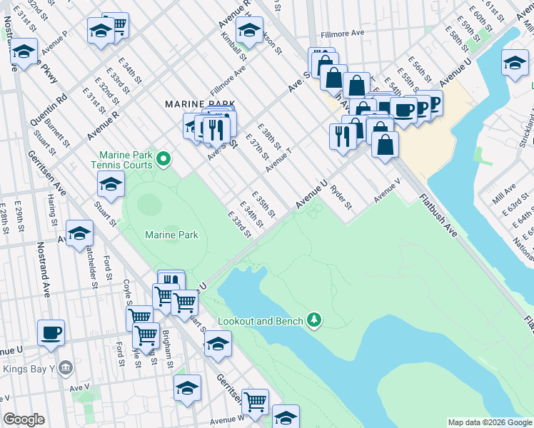 map of restaurants, bars, coffee shops, grocery stores, and more near 2164 East 35th Street in Brooklyn