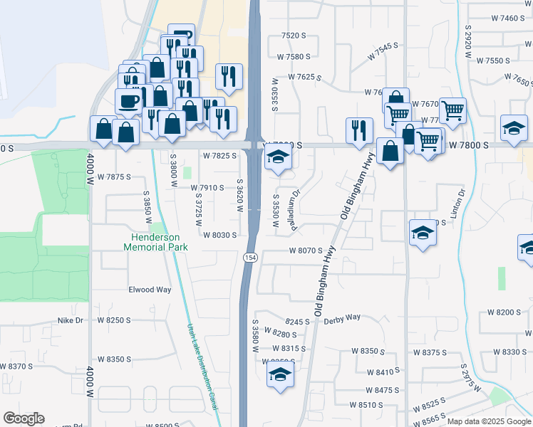 map of restaurants, bars, coffee shops, grocery stores, and more near 3546 West 7980 South in West Jordan