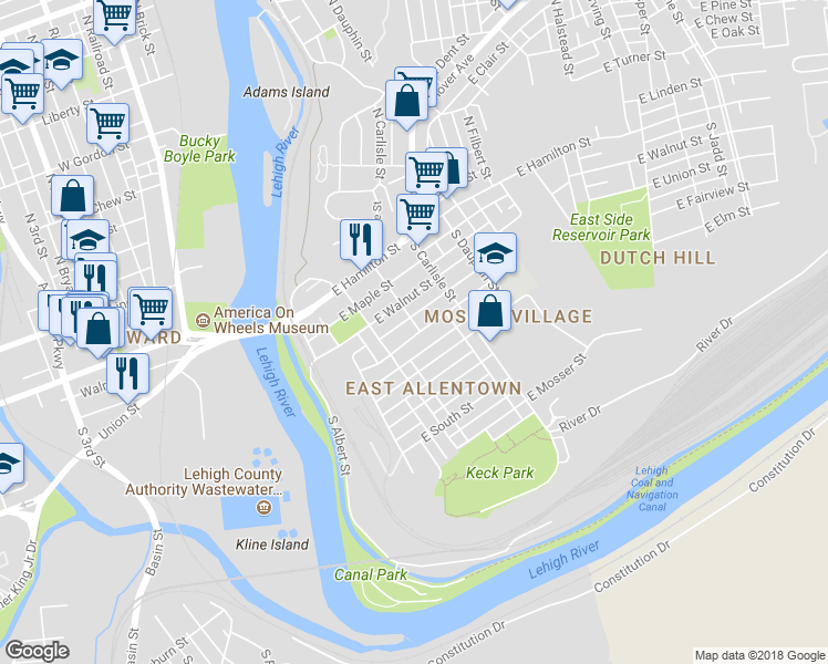 map of restaurants, bars, coffee shops, grocery stores, and more near 235 East Union Street in Allentown
