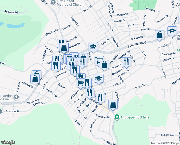 map of restaurants, bars, coffee shops, grocery stores, and more near 2112 Newell Avenue in Aliquippa