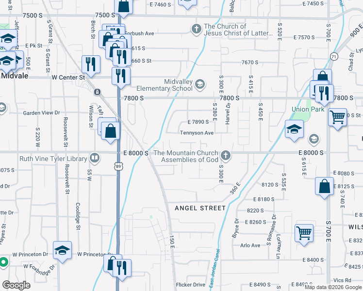 map of restaurants, bars, coffee shops, grocery stores, and more near 190 East White Spruce Cove in Sandy