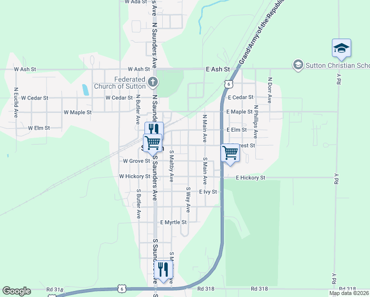 map of restaurants, bars, coffee shops, grocery stores, and more near 201 South Way Avenue in Sutton