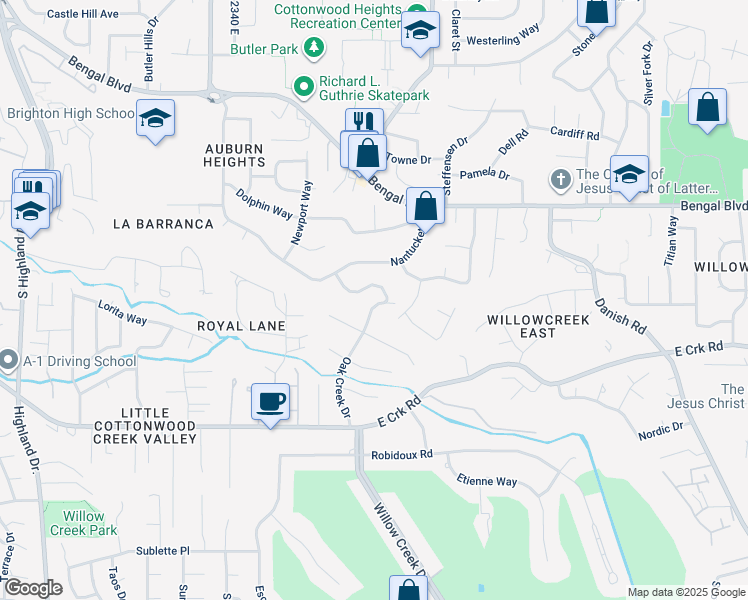 map of restaurants, bars, coffee shops, grocery stores, and more near 2523 East Oak Creek Drive in Cottonwood Heights