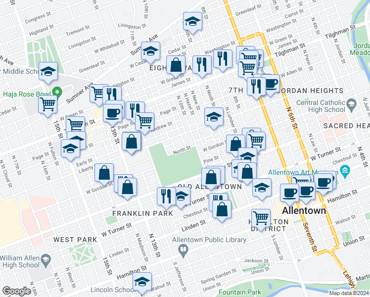 map of restaurants, bars, coffee shops, grocery stores, and more near 1023 North Street in Allentown