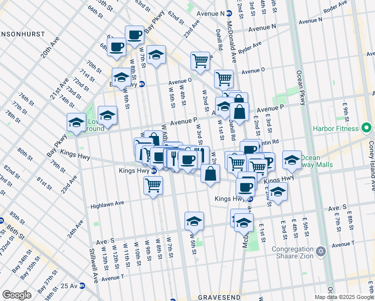 map of restaurants, bars, coffee shops, grocery stores, and more near 251 Quentin Road in Brooklyn