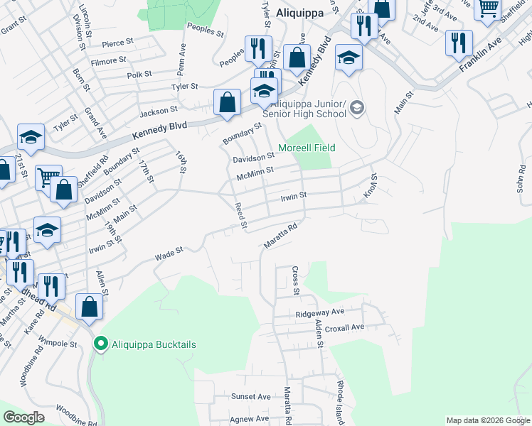 map of restaurants, bars, coffee shops, grocery stores, and more near 1224 Wade Street in Aliquippa