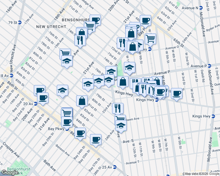 map of restaurants, bars, coffee shops, grocery stores, and more near 1626 Stillwell Avenue in Brooklyn