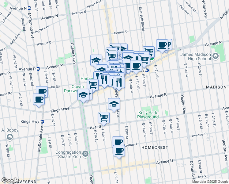 map of restaurants, bars, coffee shops, grocery stores, and more near 2084 Coney Island Avenue in Brooklyn