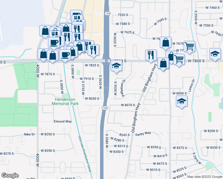 map of restaurants, bars, coffee shops, grocery stores, and more near 3546 West 7980 South in West Jordan