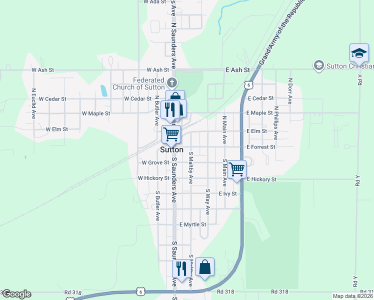 map of restaurants, bars, coffee shops, grocery stores, and more near 101 South Maltby Avenue in Sutton