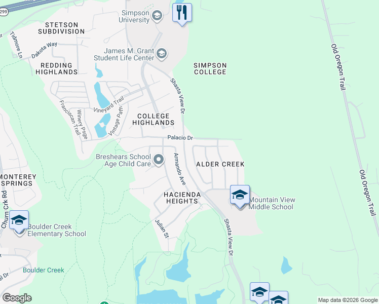 map of restaurants, bars, coffee shops, grocery stores, and more near 518 Castenda Drive in Redding