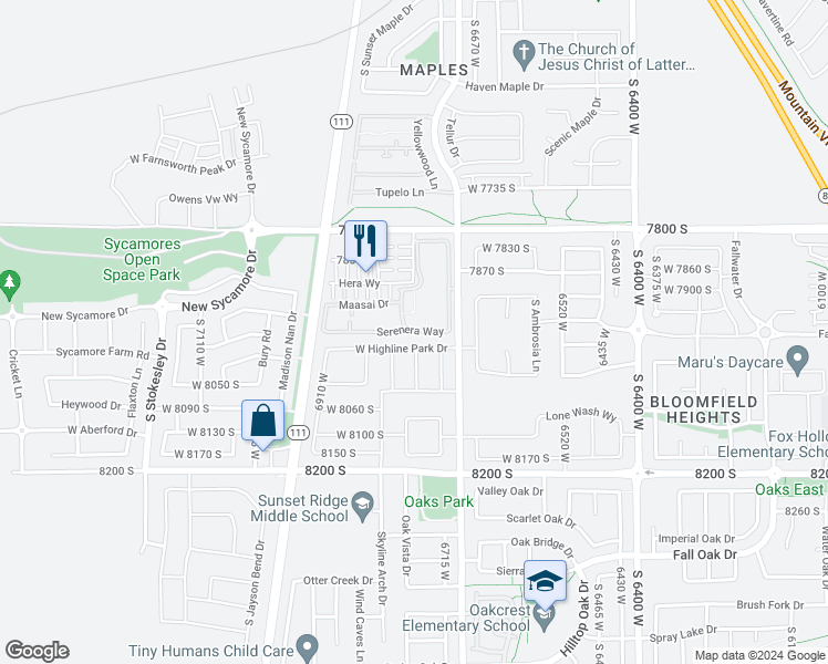 map of restaurants, bars, coffee shops, grocery stores, and more near 6758 Serenera Way in West Jordan