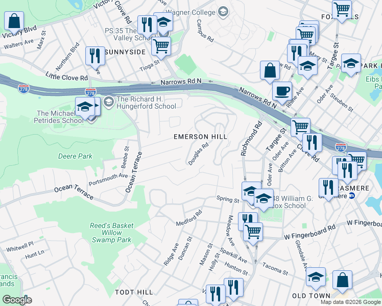 map of restaurants, bars, coffee shops, grocery stores, and more near 201 Douglas Road in Staten Island