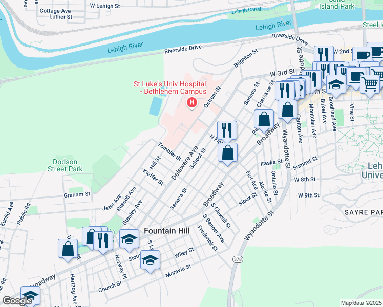 map of restaurants, bars, coffee shops, grocery stores, and more near 908 Delaware Avenue in Bethlehem