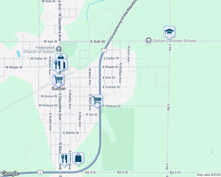 map of restaurants, bars, coffee shops, grocery stores, and more near 538-598 East Forrest Street in Sutton